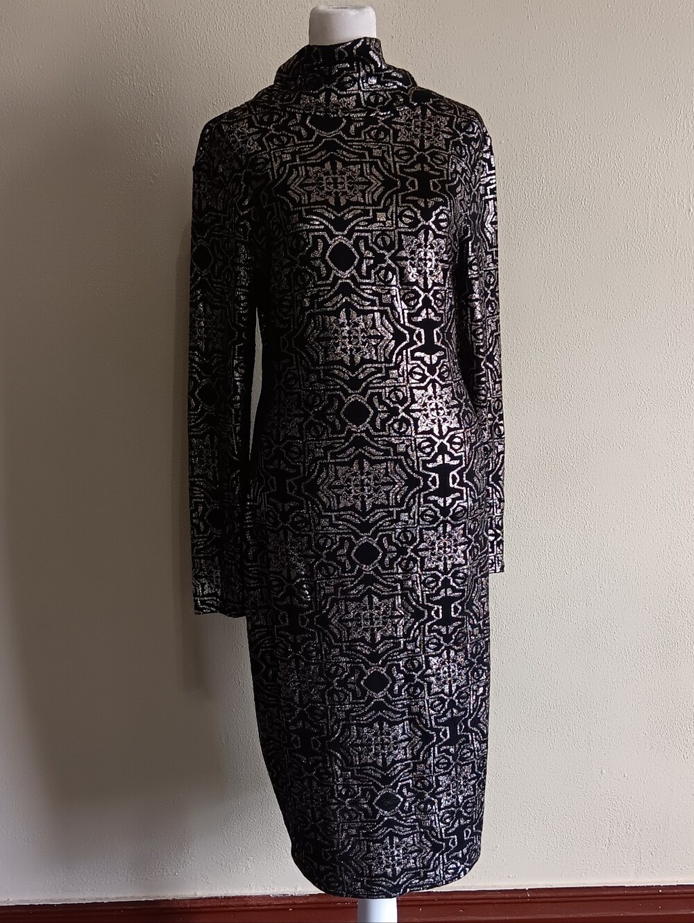 Bodycon Slip On Metallic Black & Silver Long Sleeve Dress Project Runway Large